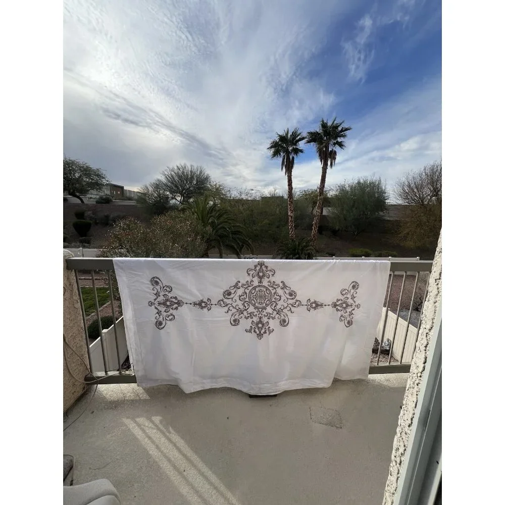 vtg fine silk crest embroidered rose‎ gray/white premium cotton duvet 80x100''